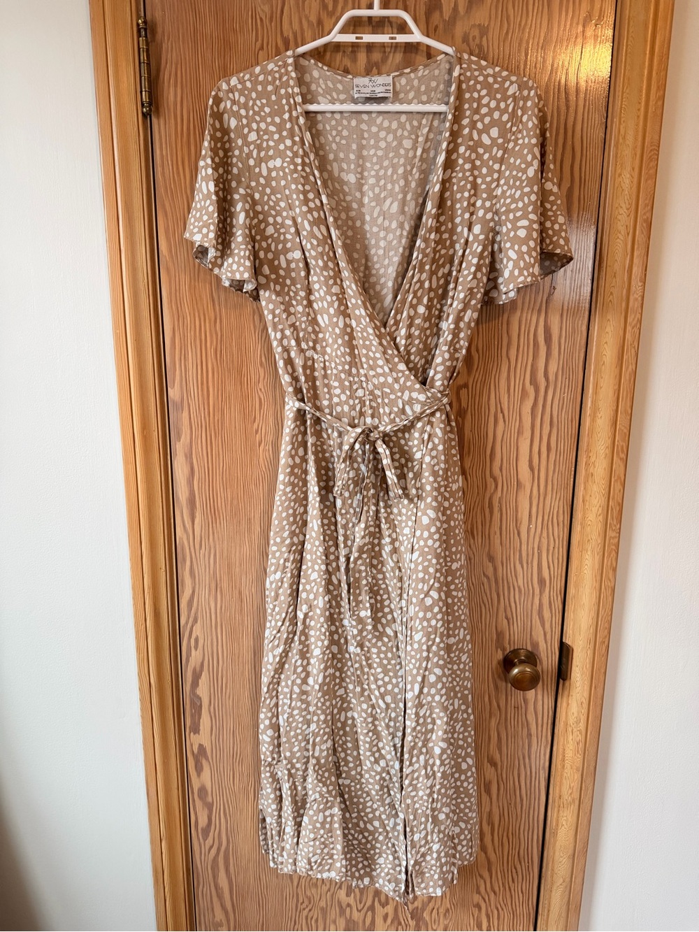 Wrap Maxi Dress in Beige with White Dot Print